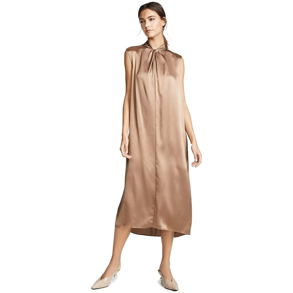 Vince Womens XS Knot Neck Sleeveless Midi Silk Shift Dress Earth